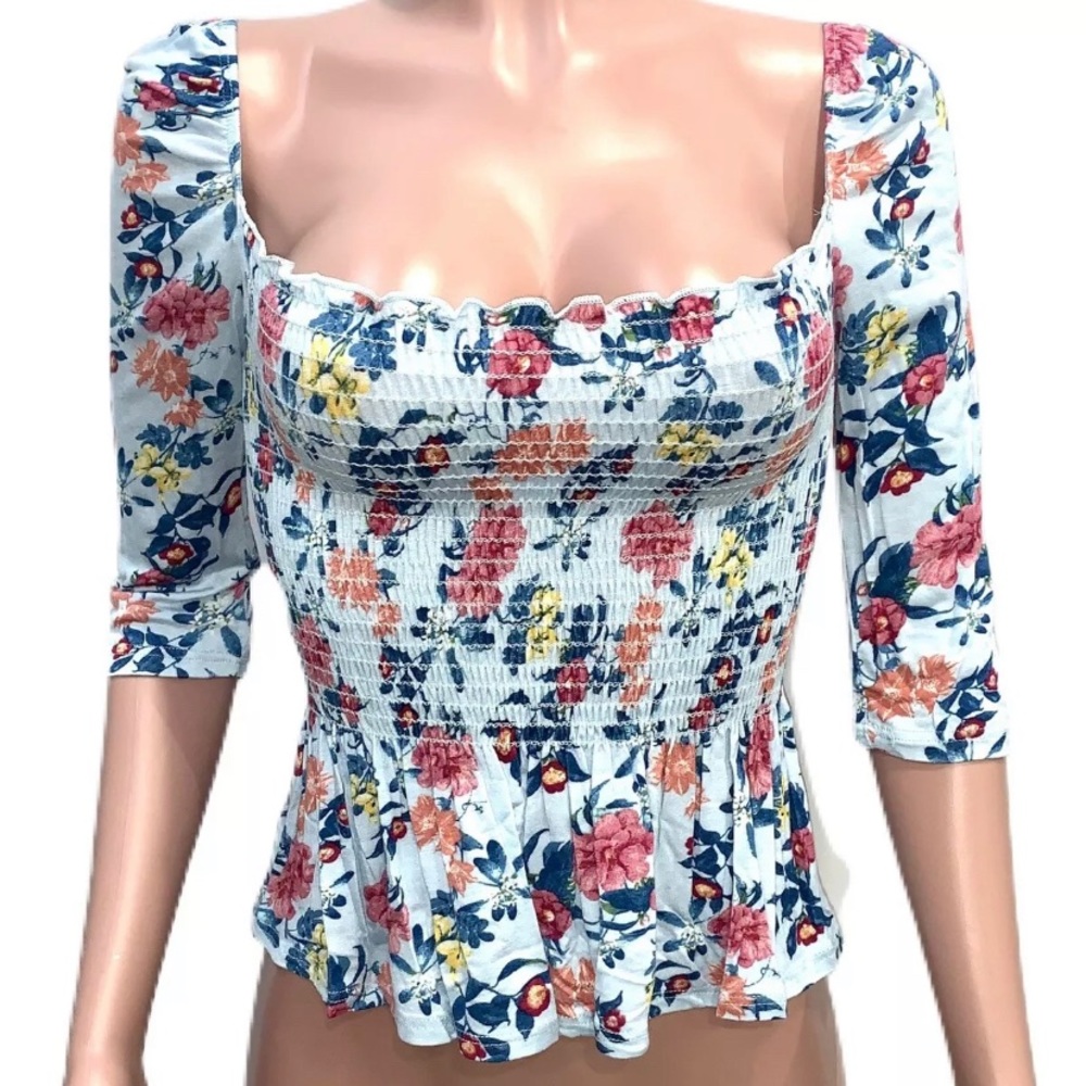 Blue Floral Girly Smocked Puff Sleeve Top New